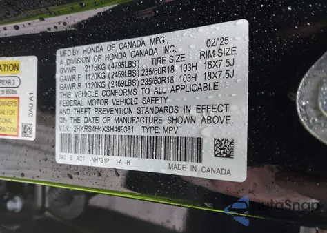 2025 Honda Cr-V Ex Awd из США, поврежденный, VIN 2HKRS4H4XSH469361